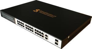 24 ports PoE+ Switch SA-PS24 with 2 Gigabit RJ45 ports and 2 Gigabit SFP ports. 